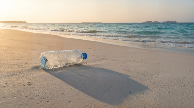 Plastic water bottle lying on beach sand near calm ocean waves