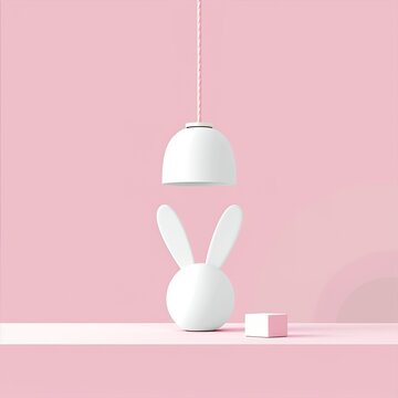 A white rabbit lamp and pink cubes on a minimalist shelf