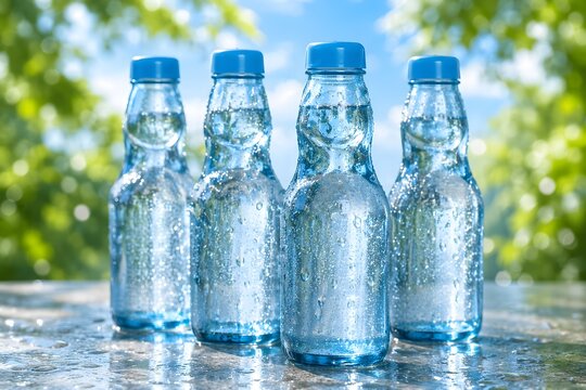 row of chilled japanese ramune soda bottles under the summer sun with green foliage