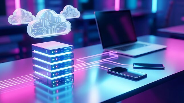 Futuristic cloud computing setup with glowing servers and digital connections representing data storage and network infrastructure