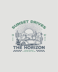 Obraz premium Vintage Convertible Car Driving Towards Sunset Horizon.