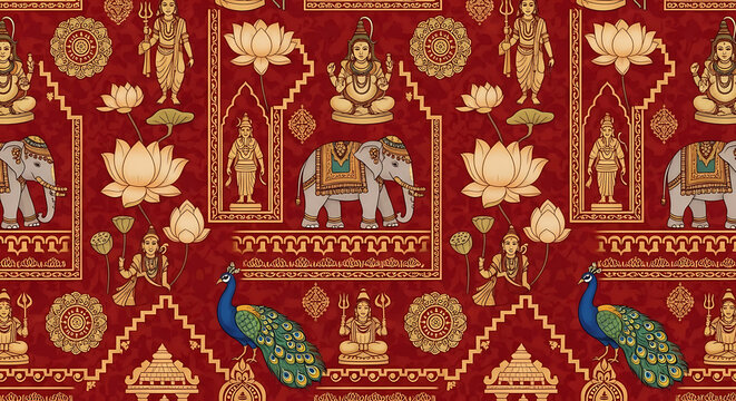 Seamless pattern with traditional Indian motifs featuring deities, elephants, peacocks, and lotus flowers on a rich red background.