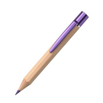 A wooden pencil with a metallic purple cap and clip isolated on a clean white background studio shot