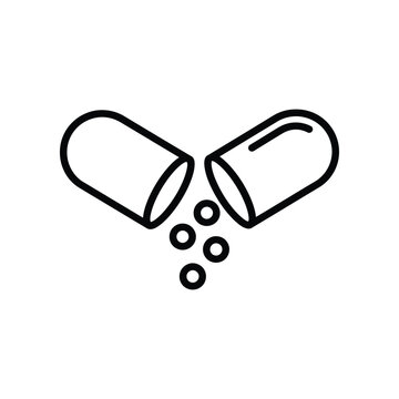 A black and white outline icon showing an open pill capsule with small particles spilling out.