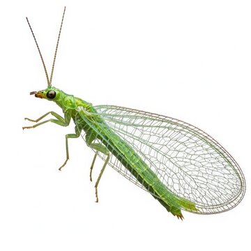 A detailed close up profile view of a green lacewing insect isolated on a clean white background