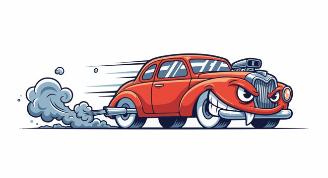 A stylized, fast-moving vintage car with a fierce expression, spewing smoke