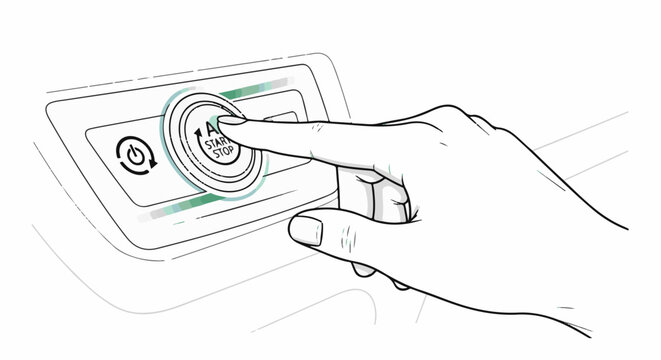Finger presses a start/stop button on a control panel