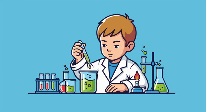 Young scientist in lab coat with experiments, holding dropper