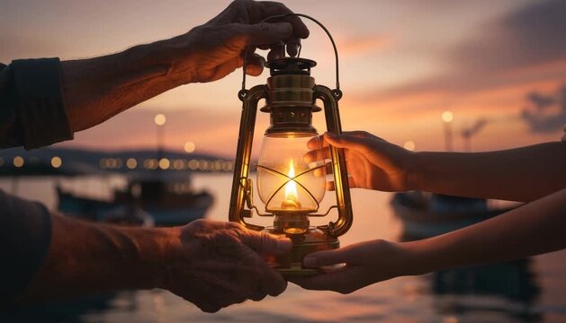 Passing light between generations, hands sharing lantern at sunset harbor