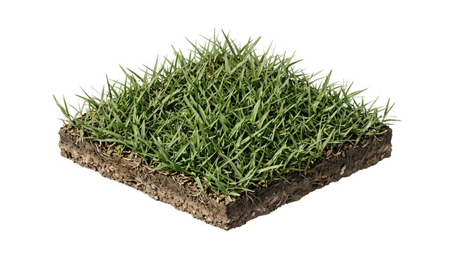 A section of healthy green grass with exposed soil and root structure