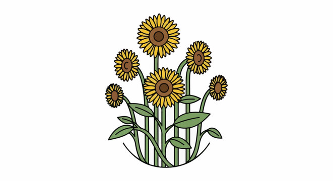 A stylized arrangement of seven sunflowers with green stems and leaves