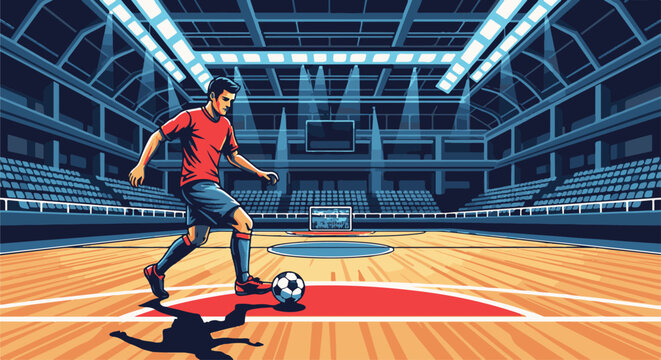 Pixelated male athlete dribbling a ball on an indoor court with stadium seating
