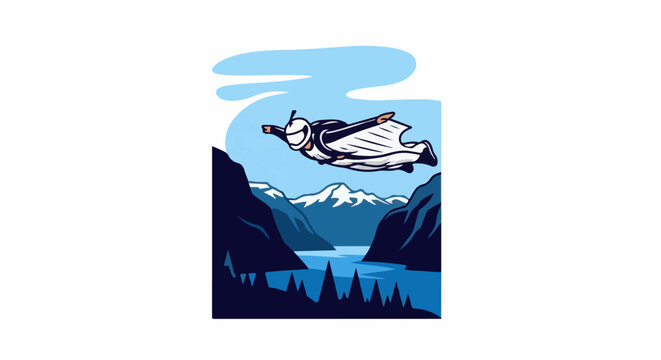 Wingsuit flyer soars over a serene, blue mountain lake and forest