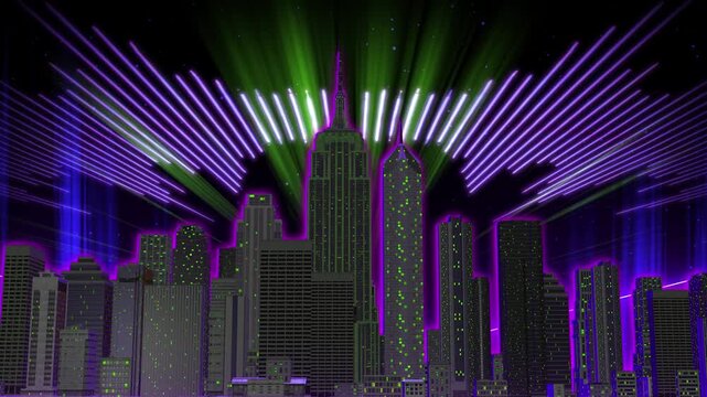 Futuristic neon city with music spectrum sky and vibrant party atmosphere
