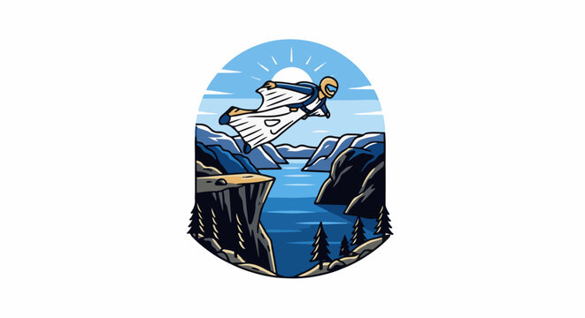 Person in wingsuit jumps from cliff into a blue lake between mountains