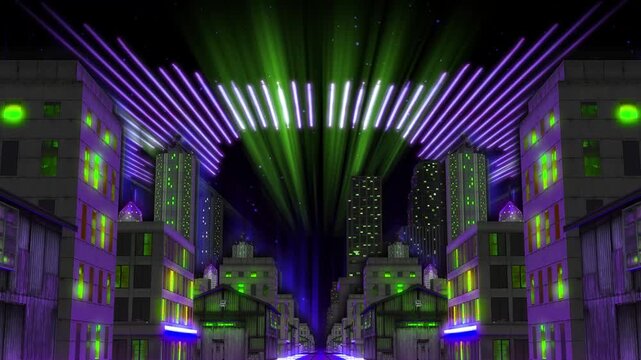 Cyber city skyline with neon audio spectrum lights glowing in night sky vibe