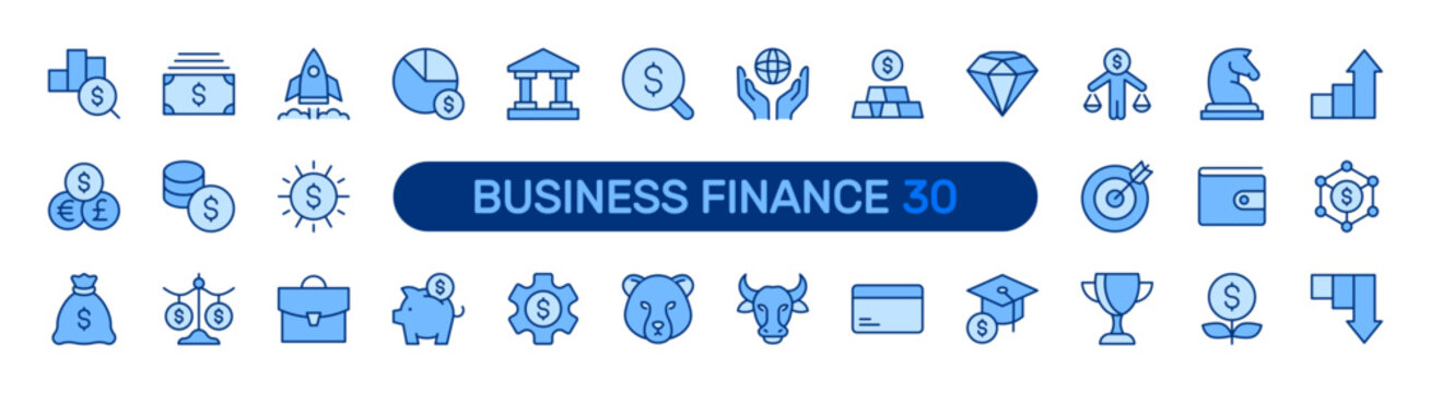 Business Finance solid icon set. Financial Management, Planning, Economy, Money, Analytics, Dollar concept. Blue vector icons collection.