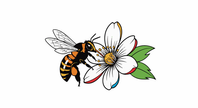 A bee pollinates a white flower with red and blue accents on petals