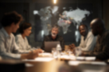 Fototapeta premium Blurred Diverse team engaged in a meeting with a global map in the background