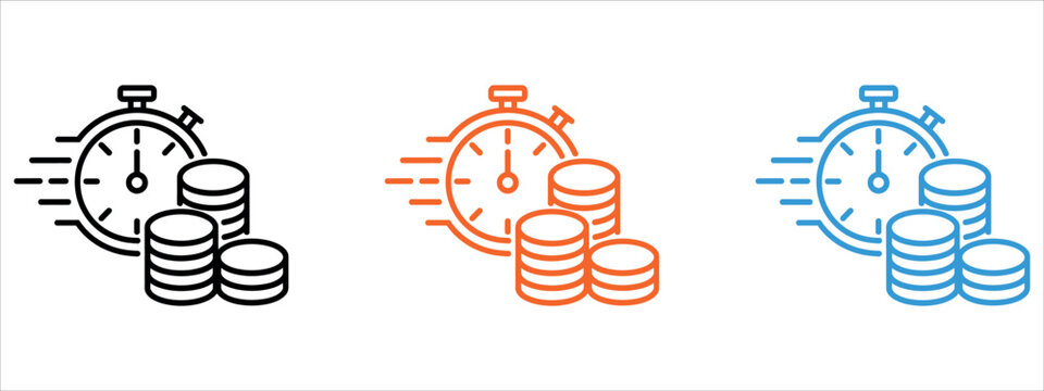 Three stylized clocks with stacked coins illustrating time management, financial growth, and investment concepts for business and marketing materials.