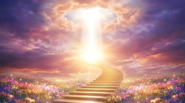 Heavenly stairway to enlightenment a radiant path ascending through clouds and floral fields