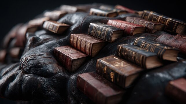 Macro conceptual photography of a brain surface with embedded miniature library shelves filled with books, showcasing intricate textures and clinical lighting against a dark blurred background