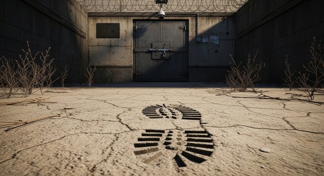 Sole Impression on Dusty Ground Leading to Facility Door