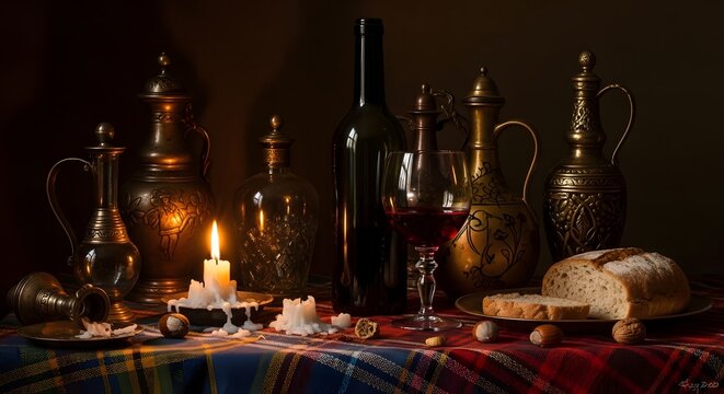Still life with antique bottles candlelight and fruit a baroque inspired composition