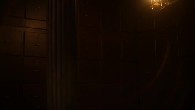Rows of vintage safety deposit boxes stand in shadowed silence, softly illuminated by an antique lantern's warm glow, conveying timeless security and quiet value for business or lifestyle narratives
