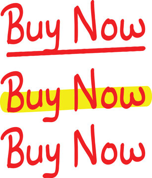 Handwritten Buy Now text set with underline and highlight red call to action marketing design.