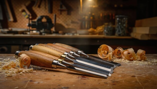 A collection of sharp woodworking chisels arranged neatly on a rustic workbench with wood shavings