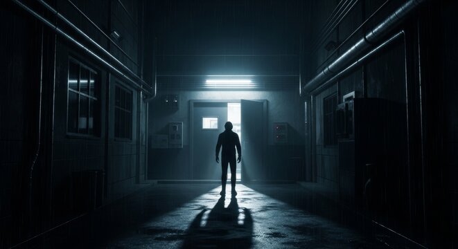 Lone Figure Standing in Dimly Lit Hallway