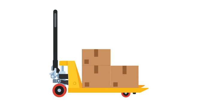 Yellow pallet truck with cardboard boxes 