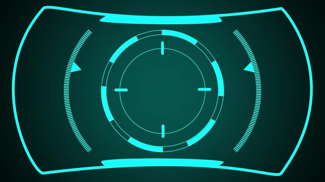 Futuristic camera focus frame with glowing cyan curved edges and minimal central target for cinematic video production