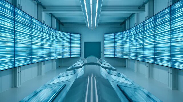 Futuristic Data Center Control Room With Curved Screens Displaying Abstract Digital Information Streams