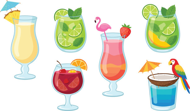 Large Set of Tropical Summer Cocktails and Exotic Beach Drinks Featuring Mojitos, Pina Colada, Sangria, and Tiki Mocktails with Flamingo and Parrot Decorations for Menus