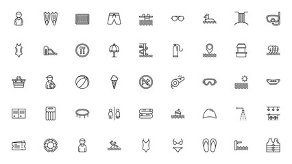 Swimming icon set. Beach and pool vector icons. Includes swimmer, pool, flippers, swimsuit, snorkel, water slide, life buoy, goggles, bikini, flip flops and more. Editable stroke. © wang