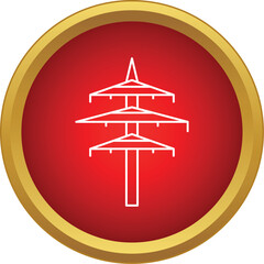 Fototapeta premium Electric power transmission tower line icon in a red circle button with gold border