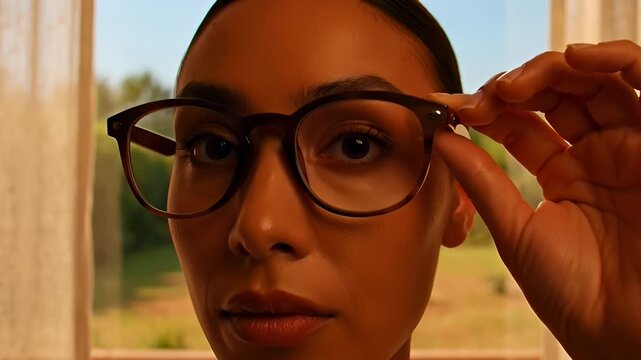 Close Up of a Woman Adjusting Her Eyeglasses and Looking at the Camera