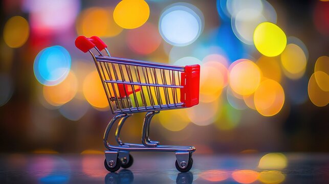 Miniature shopping trolley on reflective surface with colorful bokeh lights in background