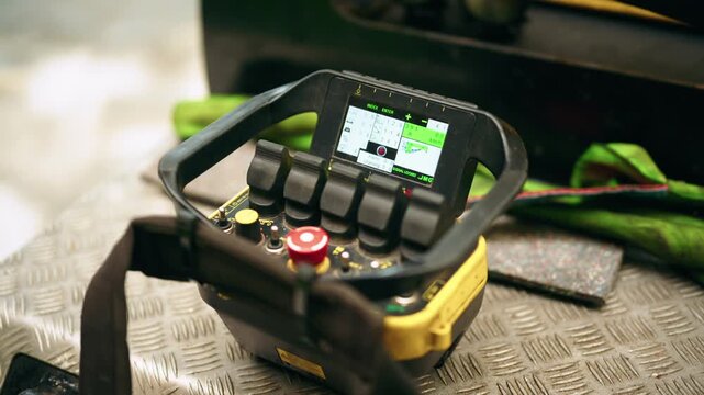 Close-up of a remote control device used to operate a mobile industrial crane in a factory.
