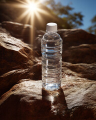 Obraz premium Clear plastic water bottle standing on rock with sunlight shining bright in outdoor nature