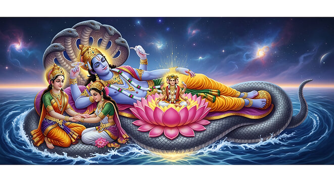 Lord Vishnu Reclining on the Cosmic Serpent Shesha Naga, with Goddess Lakshmi and Brahma emerging from a Lotus Flower, amidst a Starry Celestial Ocean.