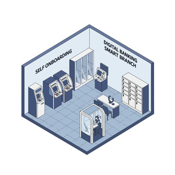 Isometric Digital Banking Branch with Self Onboarding.