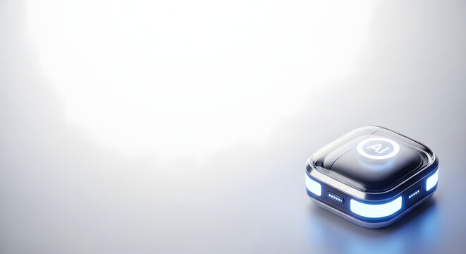 Futuristic artificial intelligence smart device with blue glowing lights on white surface