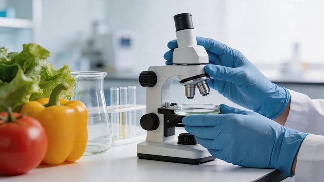 Food science laboratory scientist analyzing fresh vegetables under microscope in modern lab research on quality control and nutritional value of organic fruits