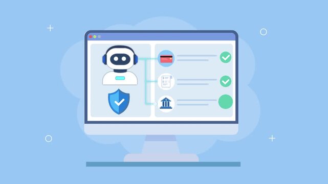 Flat vector animation of a financial dashboard with robot assistant, security shield, payment card, and verification status, illustrating secure transactions and fintech automation.