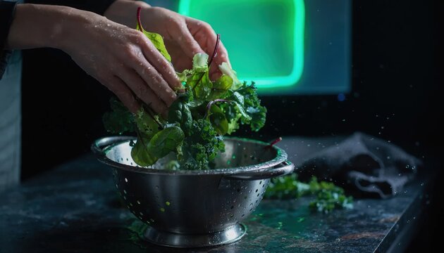 Close-up of hands washing fresh leafy green vegetables in a metal colander with water splashing in a moody dark kitchen setting with green neon background light.