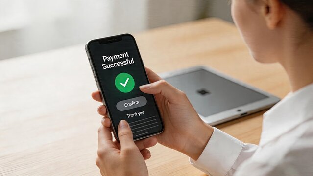 Business woman using mobile app for online banking transaction smartphone screen displaying payment successful confirmation message with green checkmark symbol on dark interface