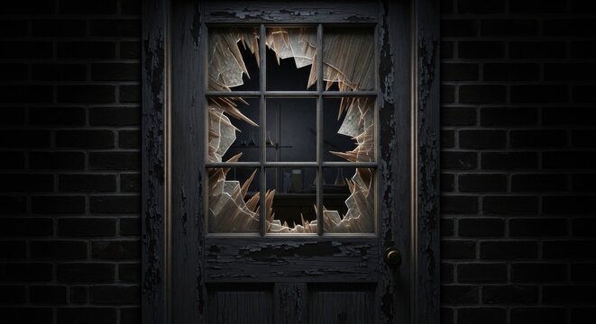 Old Wooden Door With Broken Glass Pane